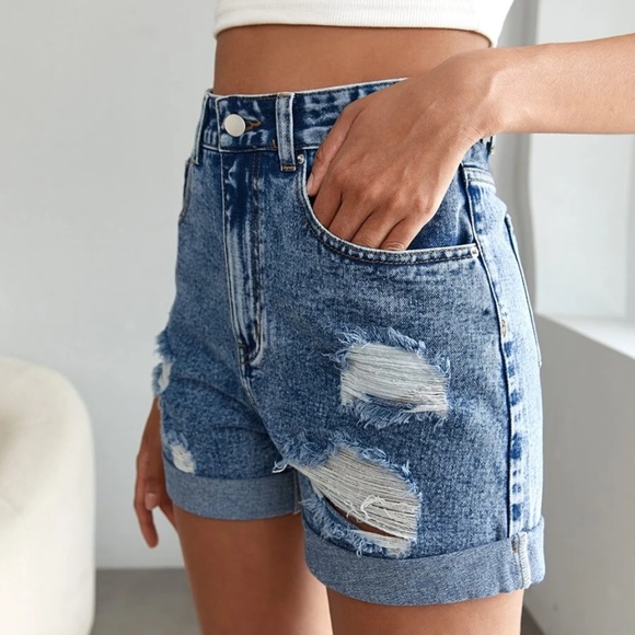Distressed Denim Blue Cuff Jean Shorts - Picture 4 of 5